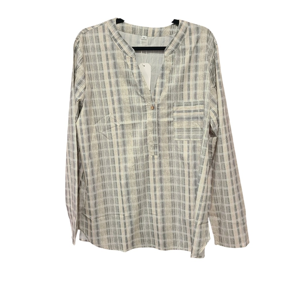 Womens XXL Plaid Tunic Blouse Long Sleeve Split V-Neck Neutral Cream Grey Tan